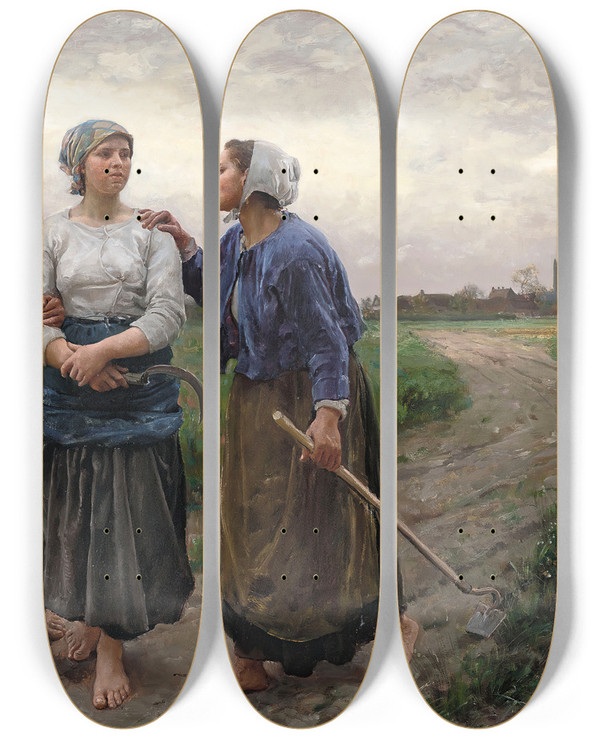 Triptych art skateboard deck of Jules Breton Les Amies by Jules Breton (1827-1906)