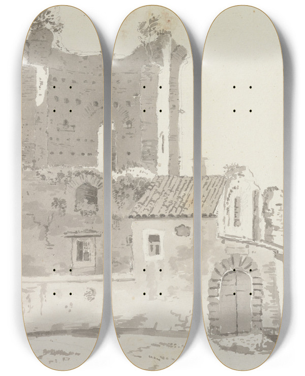 Triptych art skateboard deck of George Howland Beaumont Ruins Outside Rome by George Howland Beaumont (1753-1827)