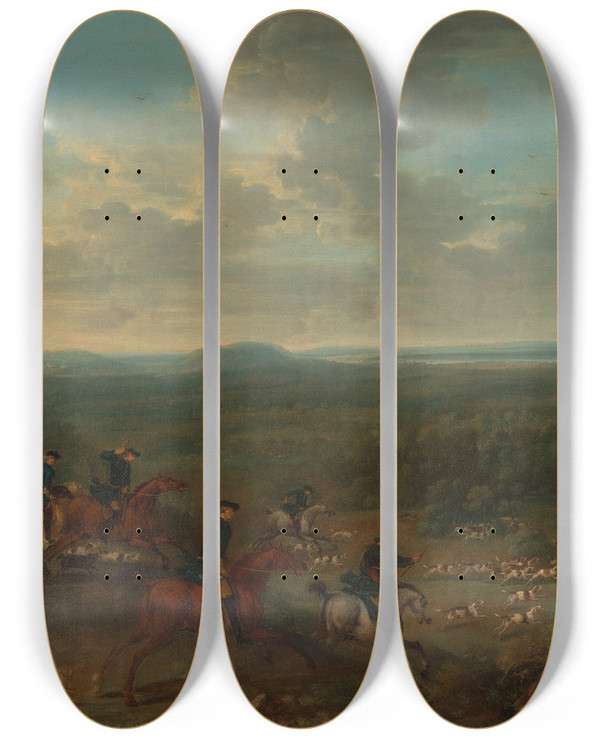Triptych art skateboard deck of John Wootton A Fox Hunt by John Wootton (1686-1765)
