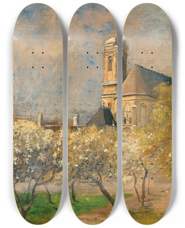 Triptych art skateboard deck of Marie Egner Blossoming Trees In Langenzersdorf by Marie Egner (1850-1940)