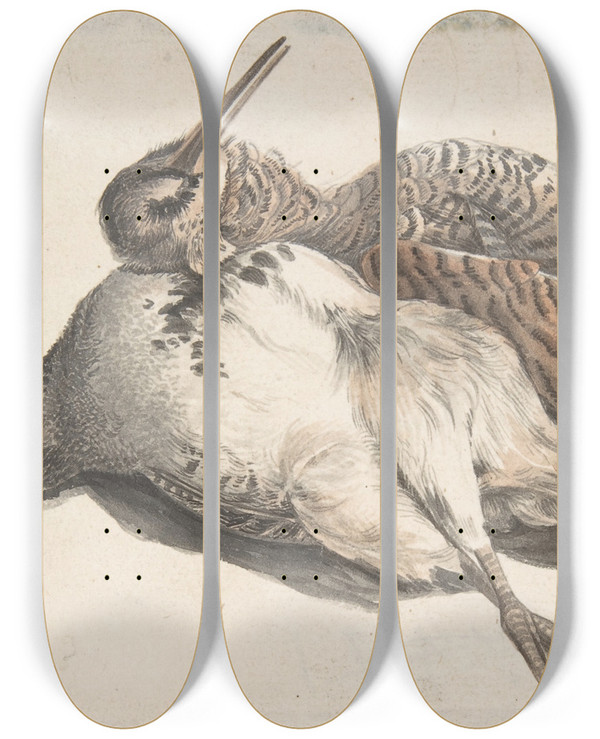 Triptych art skateboard deck of Count Giorgio Durante Dead Birds by Count Giorgio Durante (1685-1755)