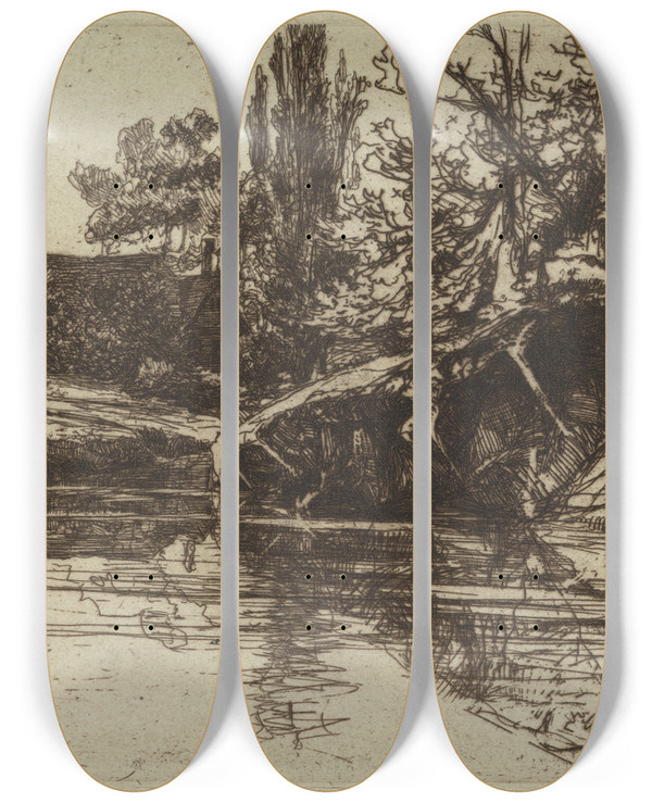 Triptych art skateboard deck of Francis Seymour Haden The Moat House by Francis Seymour Haden (1818-1910)