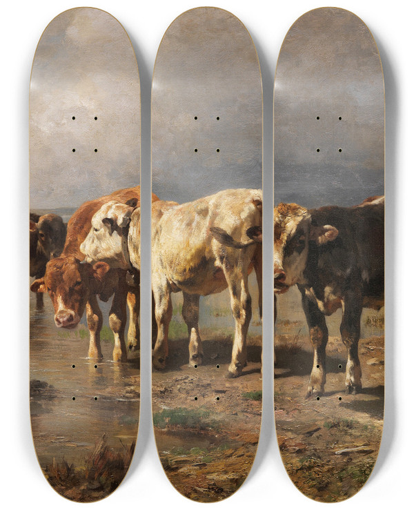 Triptych art skateboard deck of Anton Braith Khe Am Seeufer by Anton Braith (1836-1905)