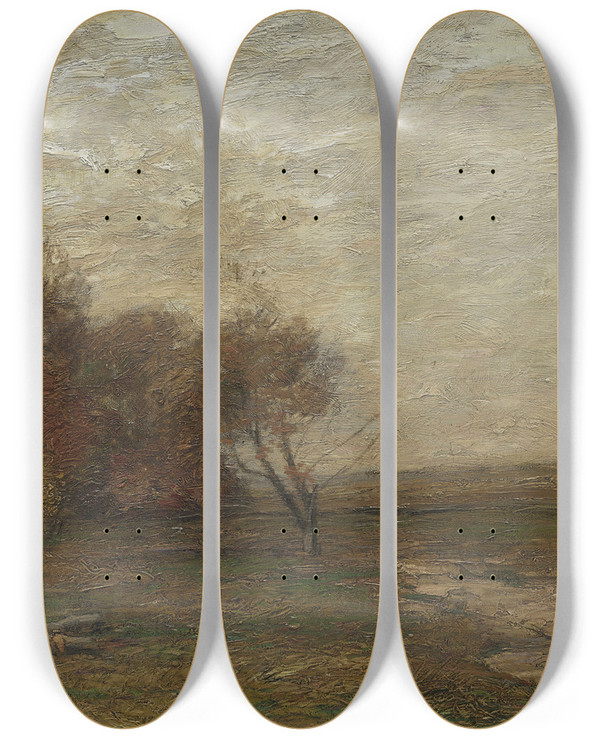 Triptych art skateboard deck of John Francis Murphy Morning In October by John Francis Murphy (1853-1921)