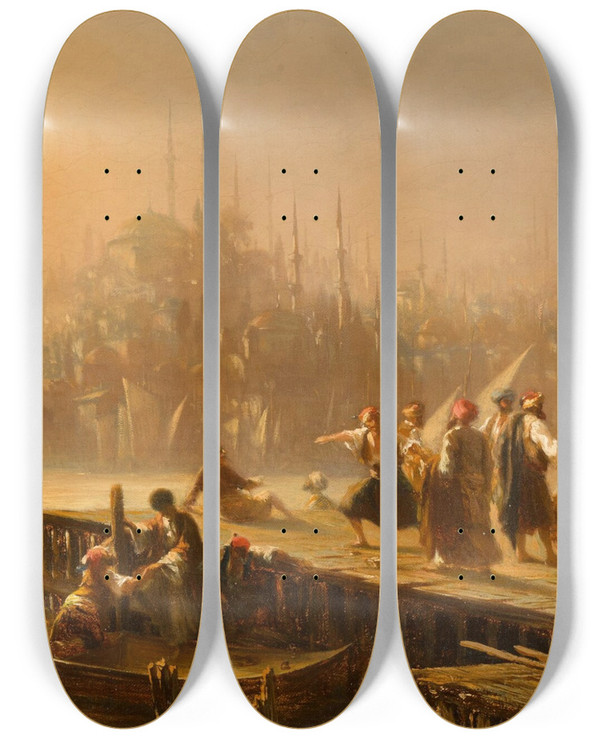Triptych art skateboard deck of Eugne Flandin On The Bosphorus Sultanahmet Beyond by Eugene Flandin (1809-1876)