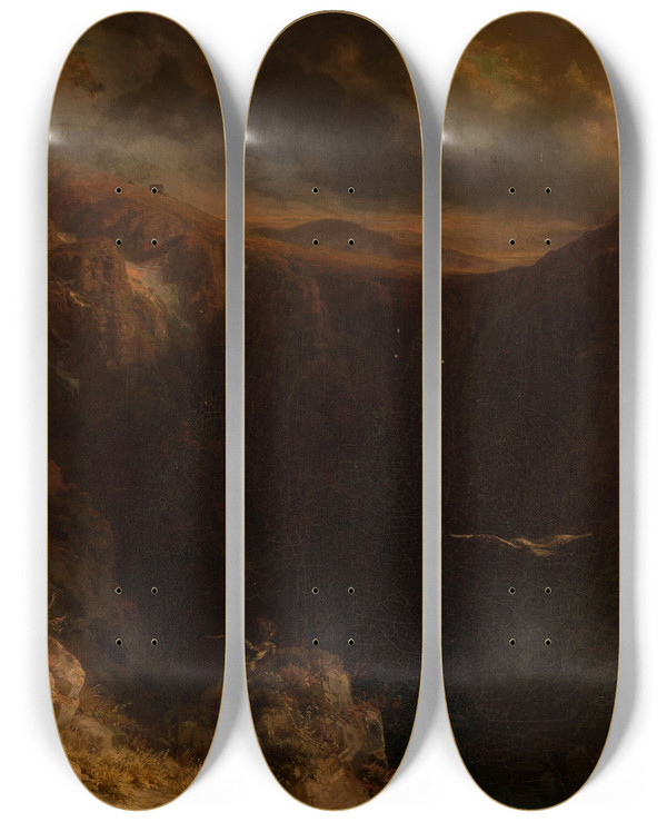 Triptych art skateboard deck of August Behrendsen Evening In The Mountains_1 by August Behrendsen (1819-1886)