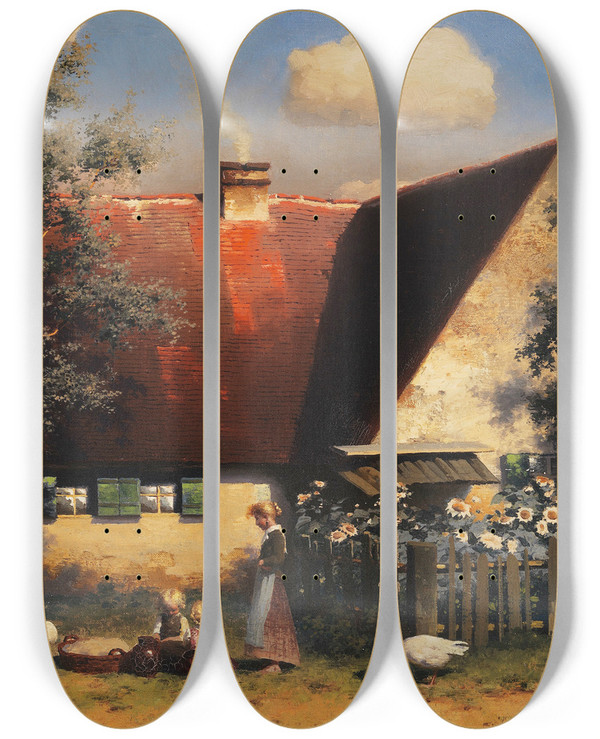Triptych art skateboard deck of Paul Wilhelm Kellerreutlingen Sommeridylle Hinterm Haus by Paul Wilhelm Keller-Reutlingen (1854-1920)