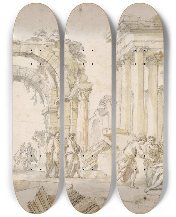 Triptych art skateboard deck of Giovanni Paolo Panini Figures In Classical Ruins by Giovanni Paolo Panini (1691-1765)