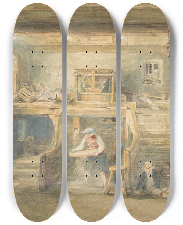 Triptych art skateboard deck of Sir David Wilkie The Interior Of Pitlessie Mill With A Man Sieving Corn by Sir David Wilkie (1785-1841)