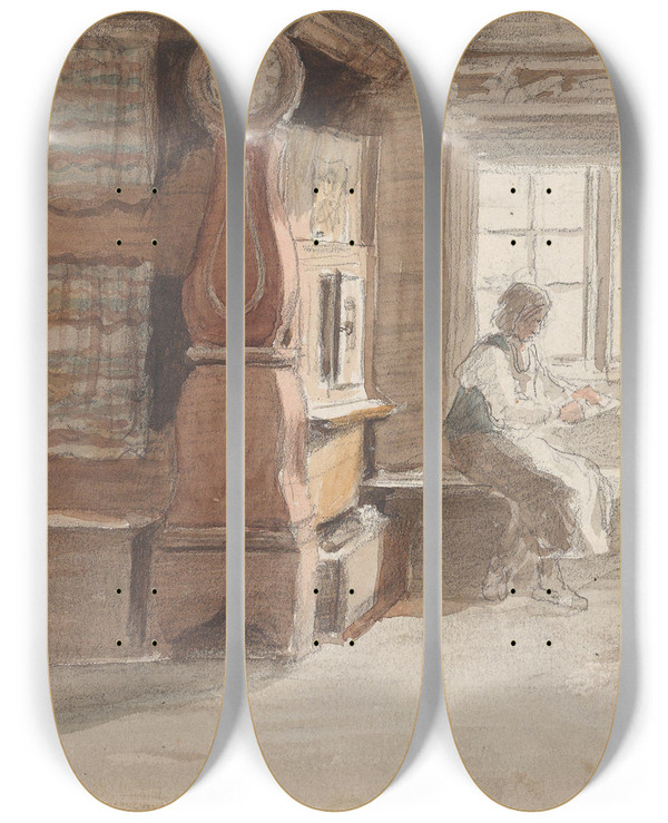 Triptych art skateboard deck of Adolph Tidemand Interir Med Figurer Leksand by Adolph Tidemand (1814-1876)