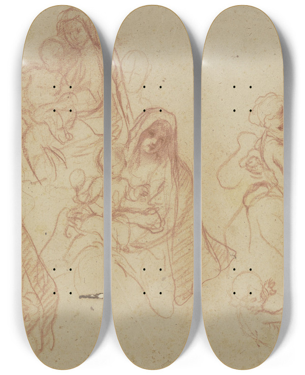 Triptych art skateboard deck of Otto Scholderer Studienblatt Madonna Mit Kind by Otto Scholderer (1834-1902)