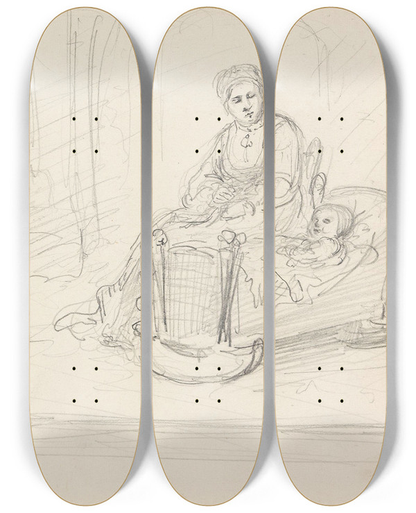 Triptych art skateboard deck of Adolph Tidemand Mor Med Barn by Adolph Tidemand (1814-1876)