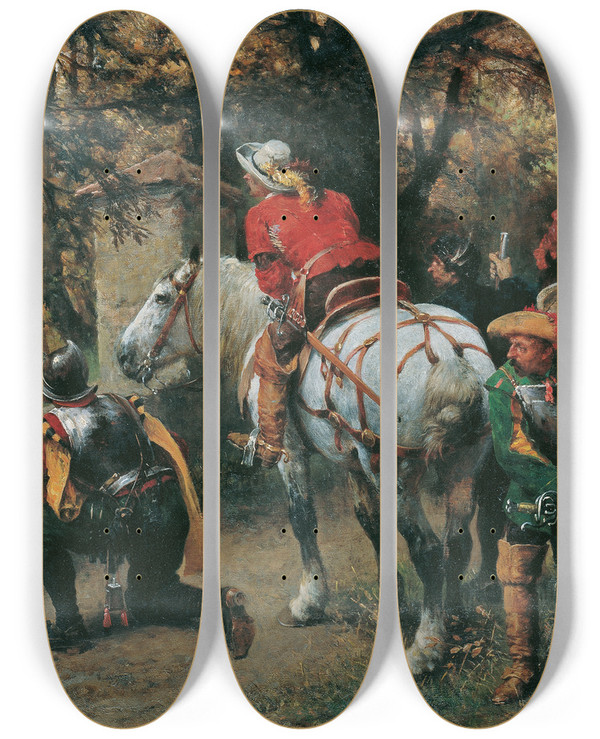 Triptych art skateboard deck of Julius Von Blaas Feinderkundung by Julius Von Blaas (1845-1923)