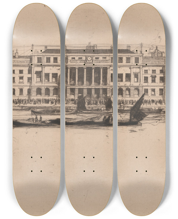 Triptych art skateboard deck of David Young Cameron Custom House by David Young Cameron (1865-1945)