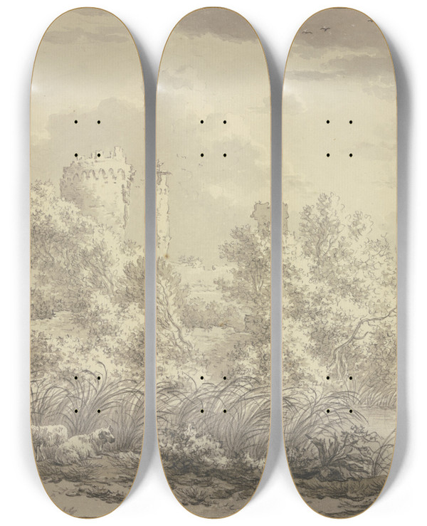Triptych art skateboard deck of Egbert Van Drielst Ruwine Van Het Slot De Egmont by Egbert Van Drielst (1746-1818)