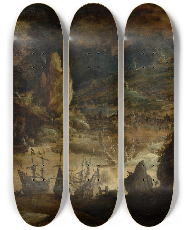 Triptych art skateboard deck of Kerstiaen De Keuninck The Calamities Of Humanity by Kerstiaen De Keuninck (1560-1632)