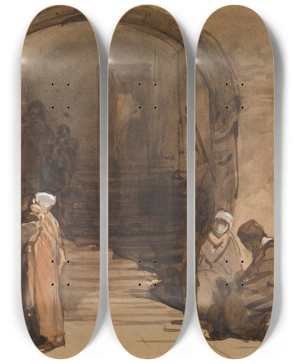 Triptych art skateboard deck of Johannes Bosboom Oriental Scene by Johannes Bosboom (1817-1891)