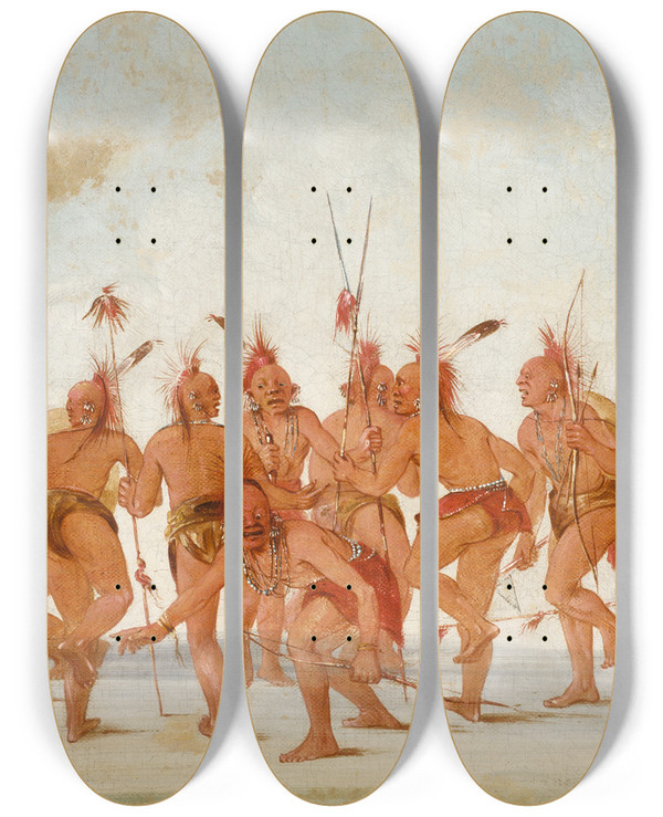 Triptych art skateboard deck of George Catlin Discovery Dance Sac And Fox by George Catlin (1796-1872)