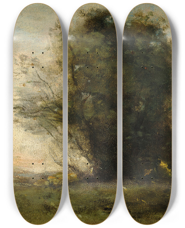 Triptych art skateboard deck of Jeanbaptistecamille Corot Fracheurs Du Soir by Jean-Baptiste-Camille Corot (1796-1875)