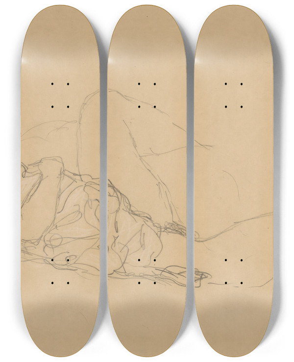 Triptych art skateboard deck of Gustav Klimt Sleepingwoman by Gustav Klimt (1862-1918)