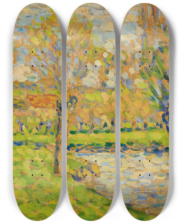 Triptych art skateboard deck of Camille Pissarro Bords De Lepte Ragny by Camille Pissarro (1830-1903)