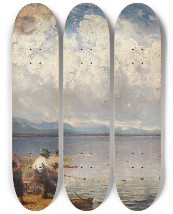Triptych art skateboard deck of Joseph Wopfner Fischer Und Mnche Am Ufer by Joseph Wopfner (1843-1927)