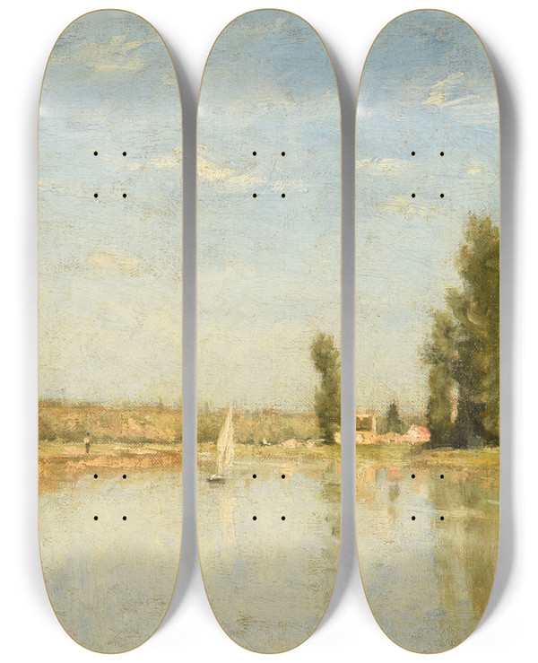 Triptych art skateboard deck of Stanislas Lpine Les Bords De La Marne_1 by Stanislas Lepine (1835-1892)