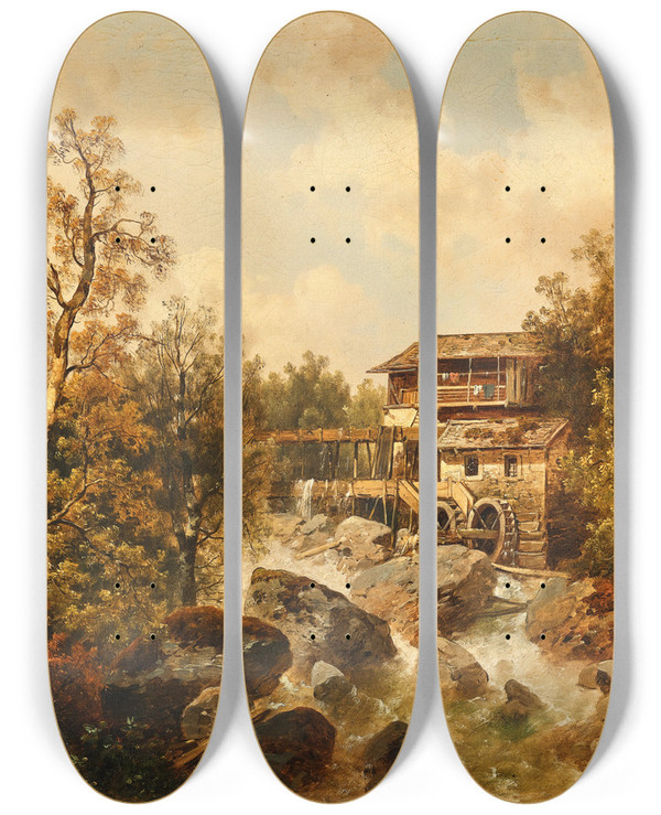 Triptych art skateboard deck of Josef Thoma Cortina Mhle Im Ampezzothal by Josef Thoma (1828-1899)