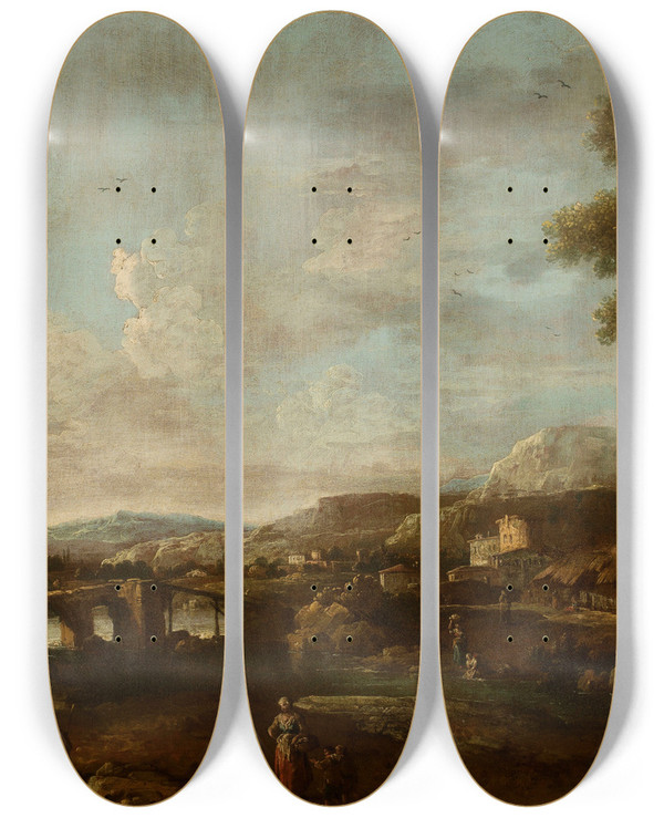 Triptych art skateboard deck of Antonio Diziani Landscape With Staffage by Antonio Diziani (1737-1797)