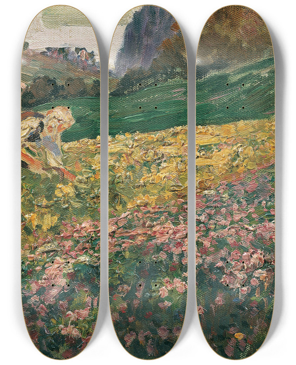 Triptych art skateboard deck of Carl Moll Mdchen In Der Blumenwiese by Carl Moll (1861-1945)