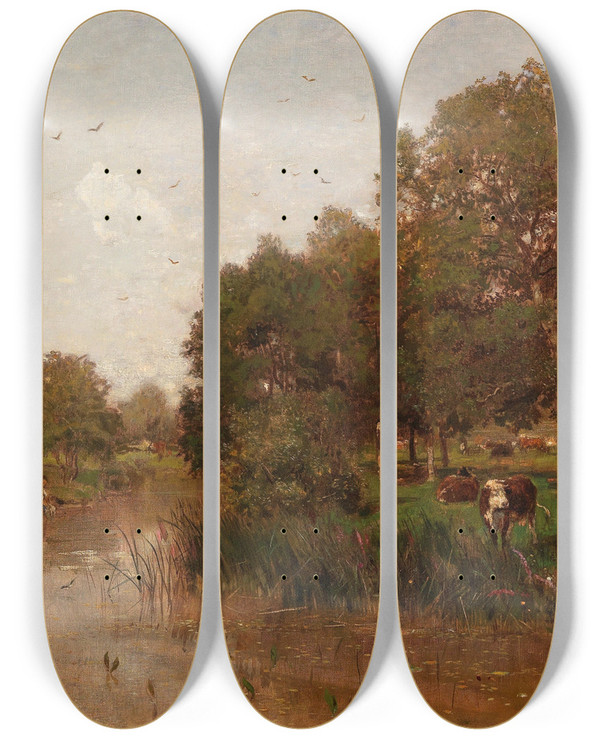 Triptych art skateboard deck of Eugen Jettel River Landscape With Cows Resting by Eugen Jettel (1845-1901)