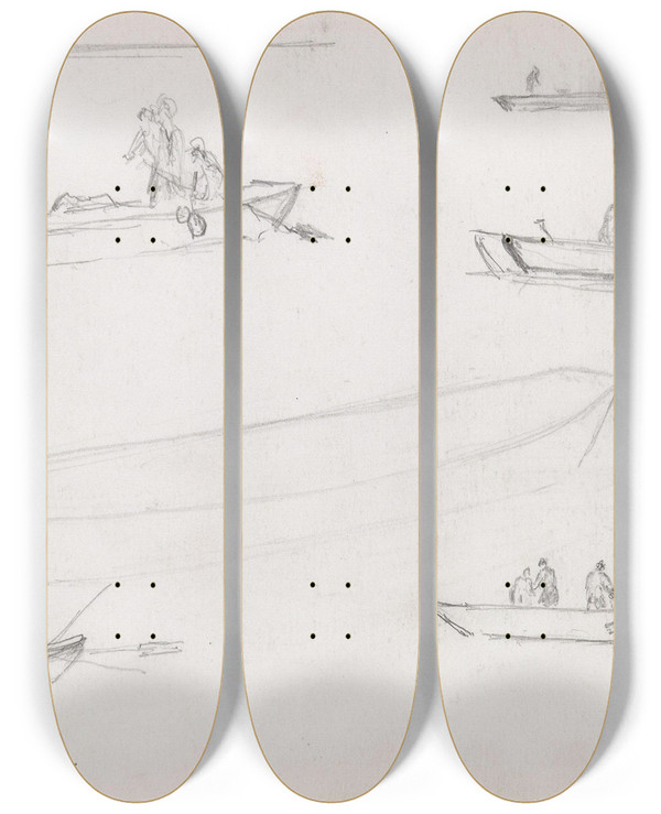 Triptych art skateboard deck of Hans Gude Btstudier by Hans Gude (1825-1903)