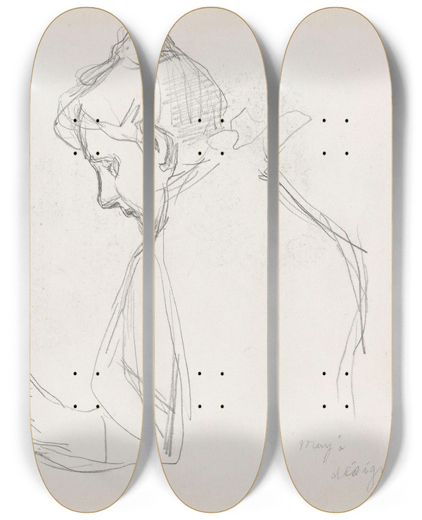 Triptych art skateboard deck of Signe Scheel Studier Av Et Kvinnehode by Signe Scheel (1860-1942)