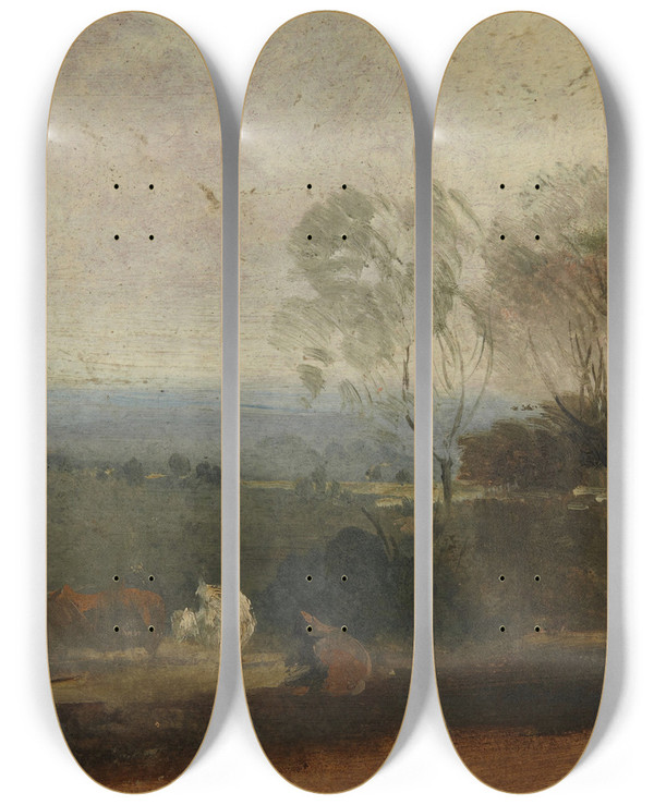 Triptych art skateboard deck of Thomas Barker Of Bath Landscape With Lake And Cattle by Thomas Barker Of Bath (1769-1847)