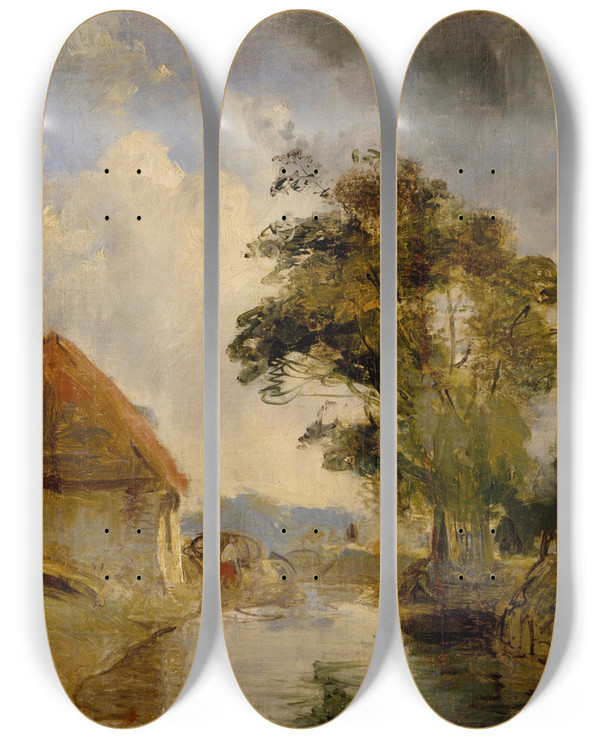 Triptych art skateboard deck of Johan Barthold Jongkind Environs Of Breda by Johan Barthold Jongkind (1819-1891)