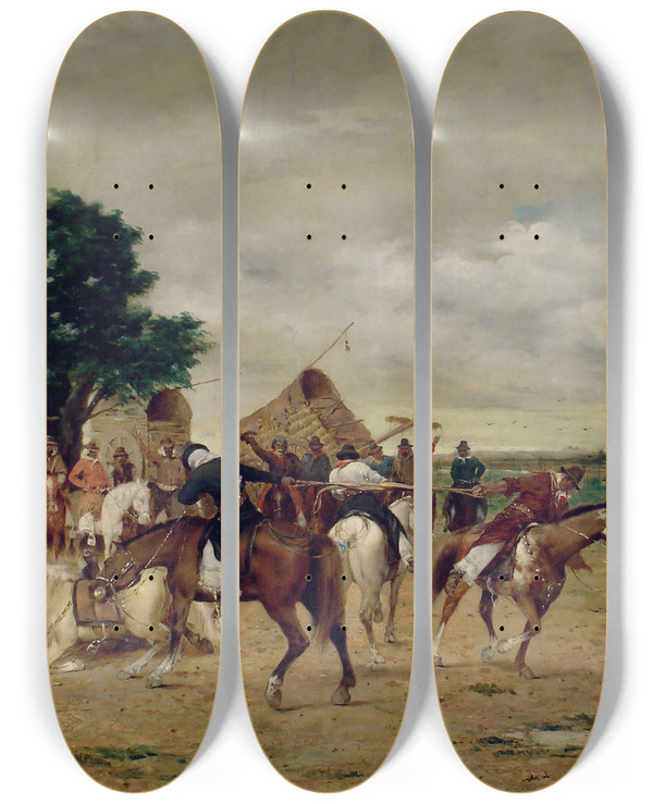 Triptych art skateboard deck of Ngel Della Valle El Juego Del Pato_2 by ngel Della Valle (1855-1903)
