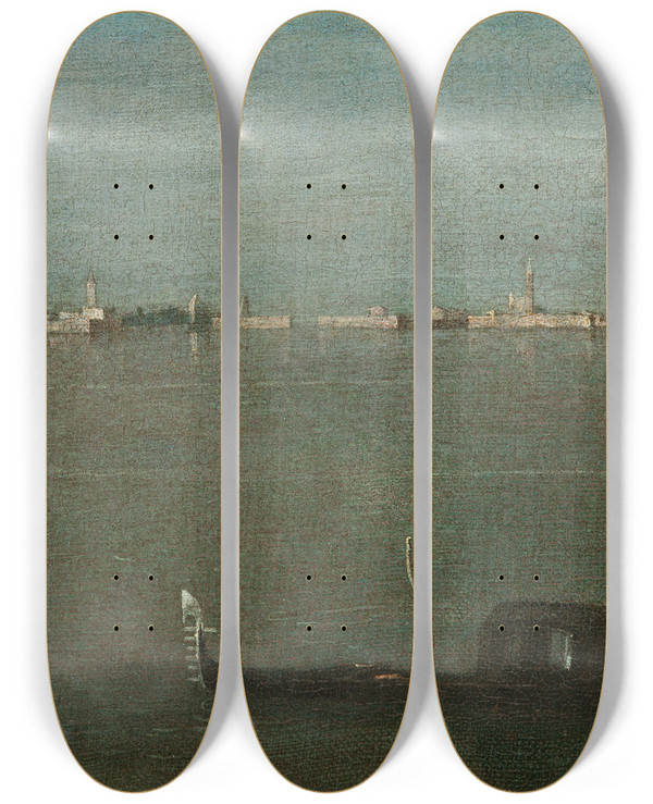 Triptych art skateboard deck of Francesco Guardi The Grey Lagoon Gondolas On The Lagoon by Francesco Guardi (1712-1793)