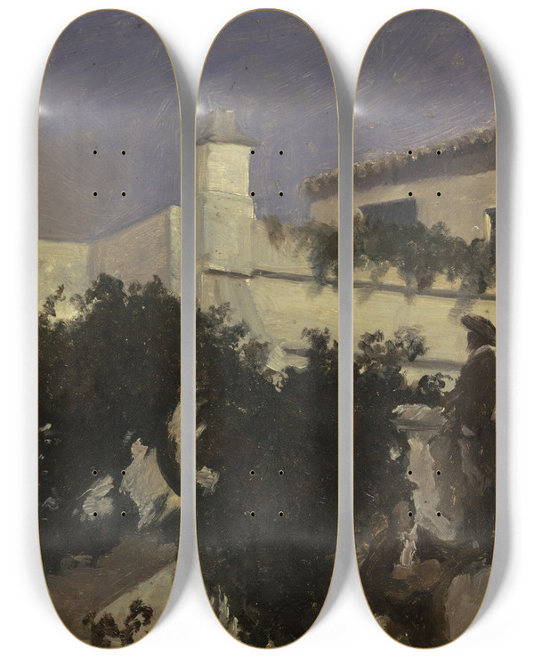 Triptych art skateboard deck of Frank Buchser Spanish Villa In Medina Sidonia by Frank Buchser (1828-1890)