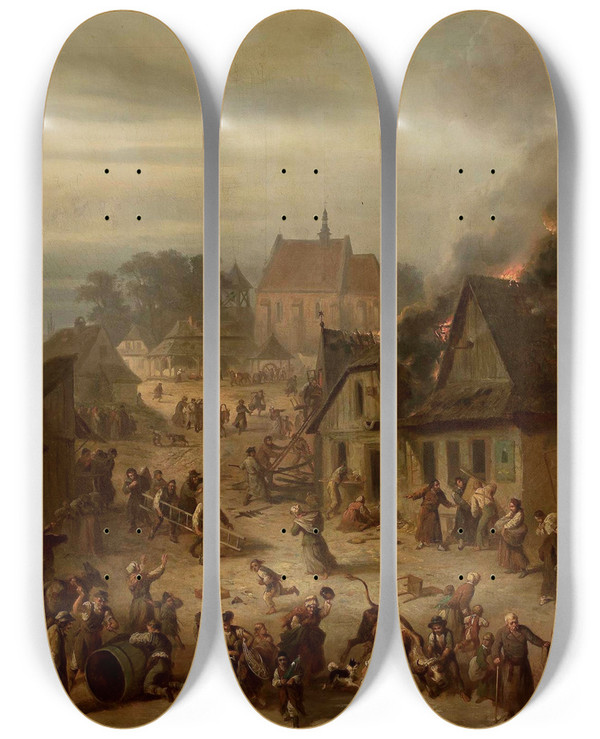 Triptych art skateboard deck of Franciszek Kostrzewski Town On Fire by Franciszek Kostrzewski (1826-1911)