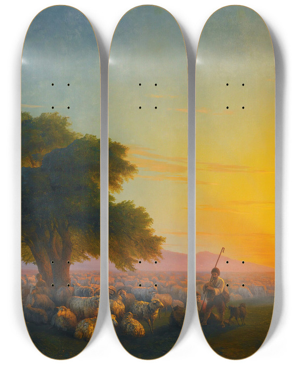 Triptych art skateboard deck of Ivan Konstantinovich Aivazovsky Shepherds With Their Flock At Sunset by Ivan Konstantinovich Aivazovsky (1817-1900)