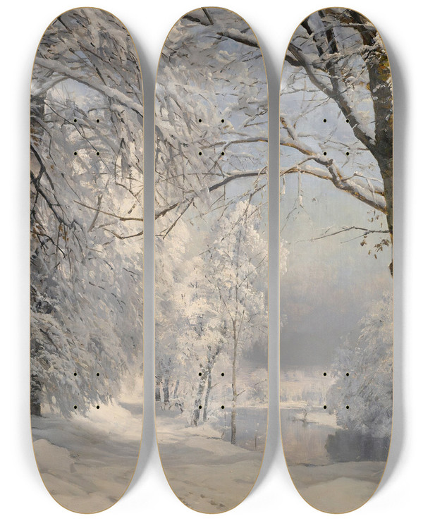 Triptych art skateboard deck of Anders Andersenlundby Forest In Winter by Anders Andersen Lundby (1840-1923)