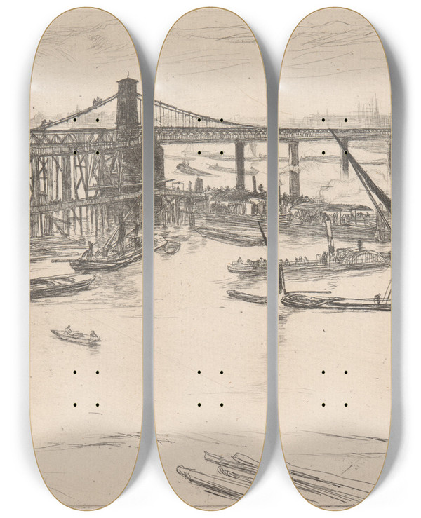 Triptych art skateboard deck of James Abbott Mcneill Whistler Old Hungerford Bridge_2 by James Abbott Mcneill Whistler (1834-1903)