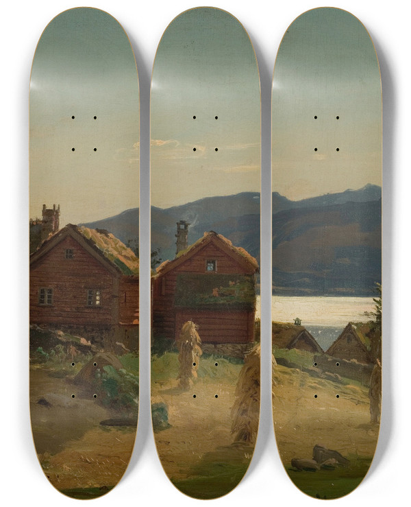 Triptych art skateboard deck of Amaldus Nielsen Bondestuer Balestrand by Amaldus Nielsen (1838-1932)