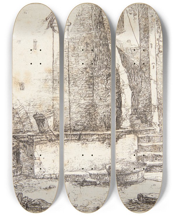 Triptych art skateboard deck of Thomas Wijck Brnd Ved Et Hus by Thomas Wijck (1616-1677)