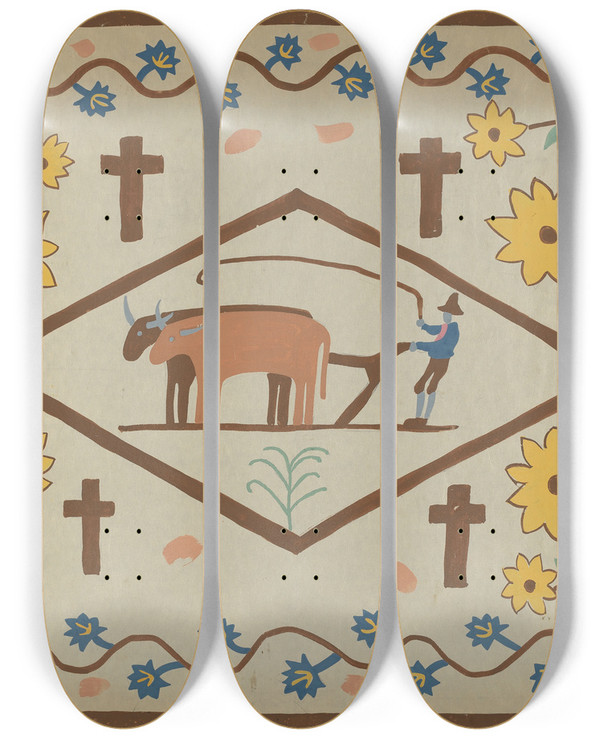 Triptych art skateboard deck of Majel G Claflin Colcha_14 by Majel G Claflin (1893-1941)
