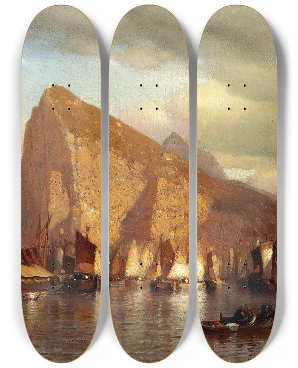 Triptych art skateboard deck of Samuel Colman Clearing Storm At Gibraltar by Samuel Colman (1832-1920)