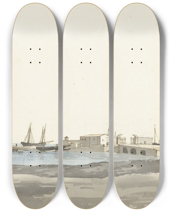 Triptych art skateboard deck of Abrahamlouisrodolphe Ducros Haven Van Barletta Met Schepen by Abraham-Louis-Rodolphe Ducros (1748-1810)