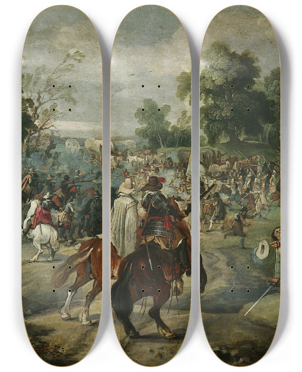 Triptych art skateboard deck of Sebastian Vrancx Attack On A Convoy by Sebastian Vrancx (1573-1647)