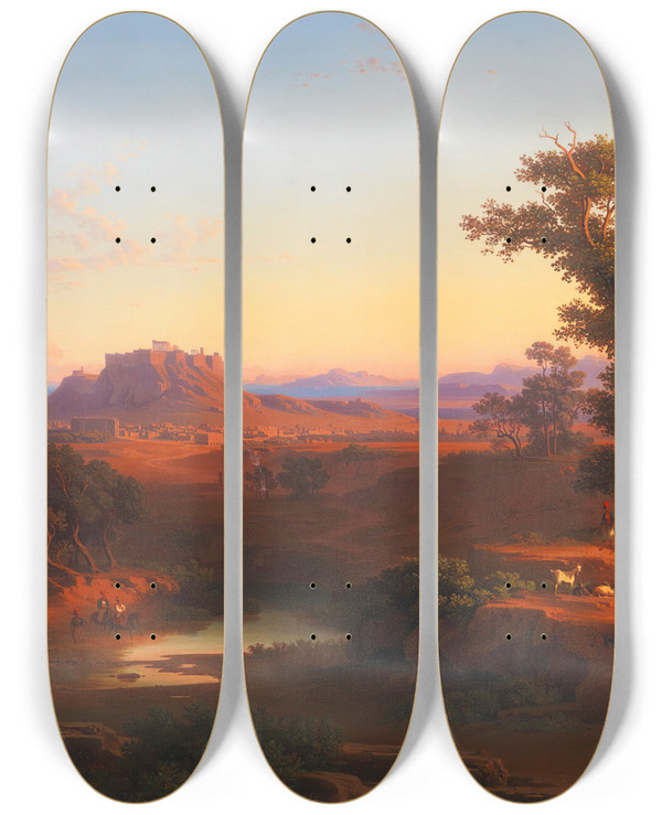 Triptych art skateboard deck of Andrs Mark Shepherds In A Bucolic Athenean Landscape With The Acropolis And Piraeus Beyond by Andras Marko (1824-1895)