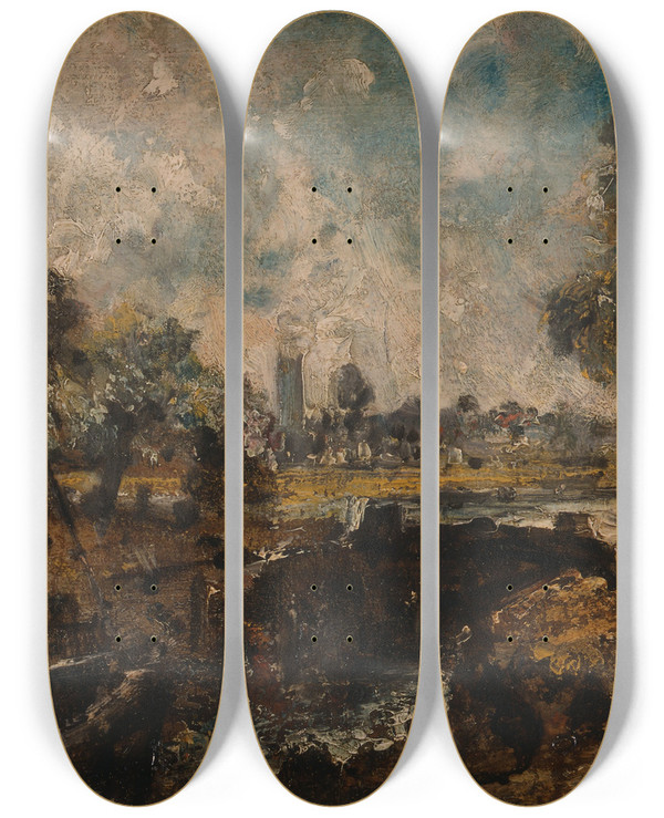 Triptych art skateboard deck of John Constable Dedham Lock_1 by John Constable (1776-1837)